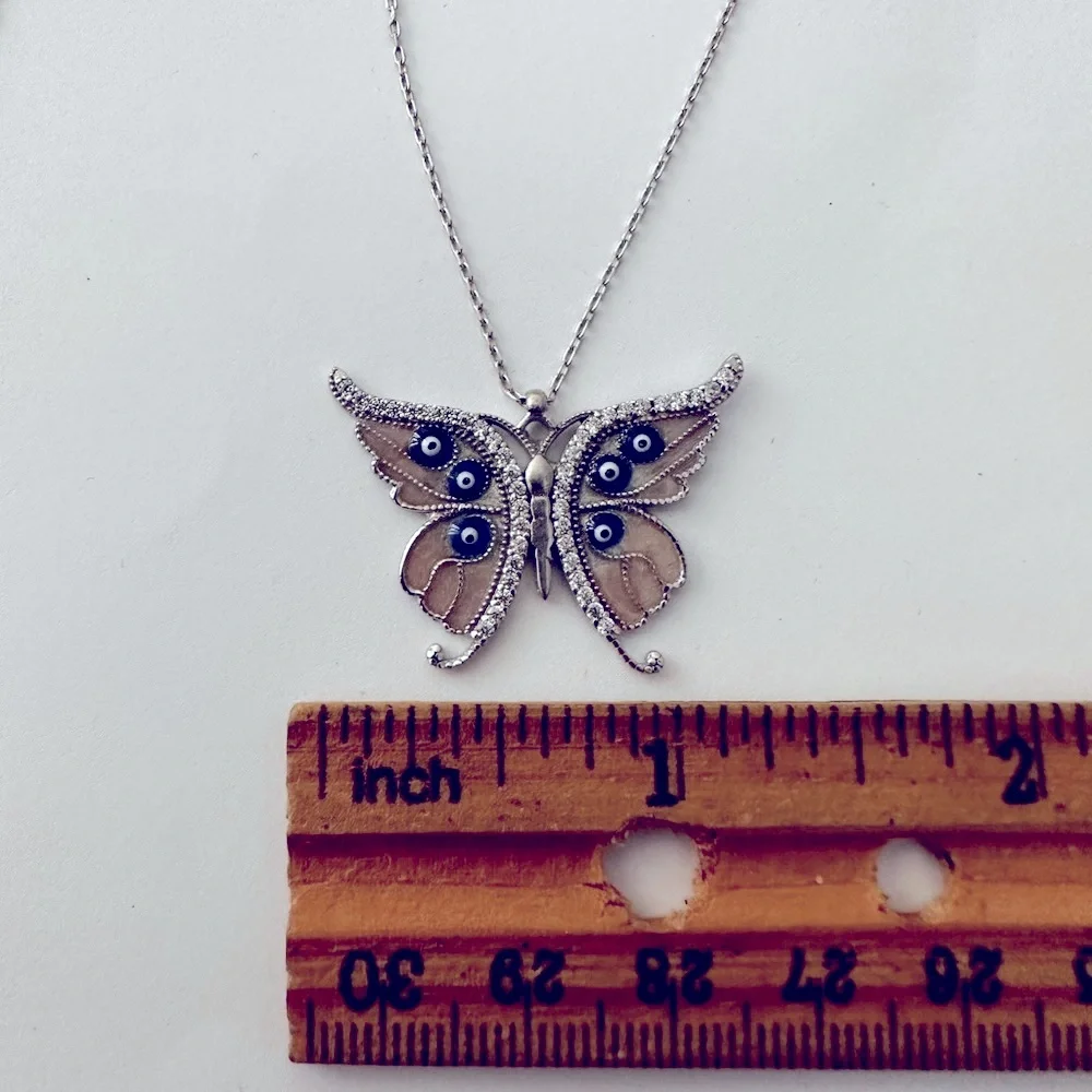 925 Silver pink butterfly evil eyes necklace